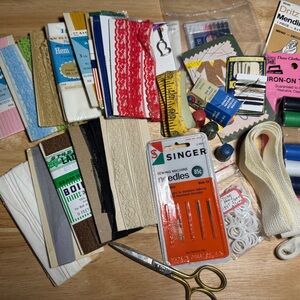 Misc Vintage Sewing Craft Lot Needles Thimbles Seam Binding Junk Journal Retro